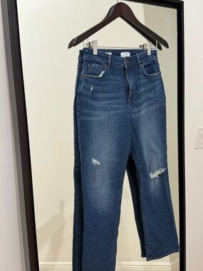 LOFT High-Rise Distressed Straight Jeans - Dark Blue